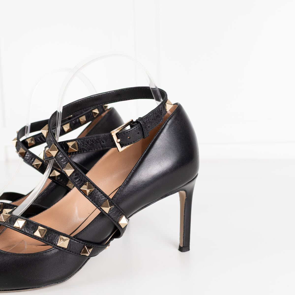 Valentino Black Leather Rockstud Ankle Wrap Heeled Shoes
