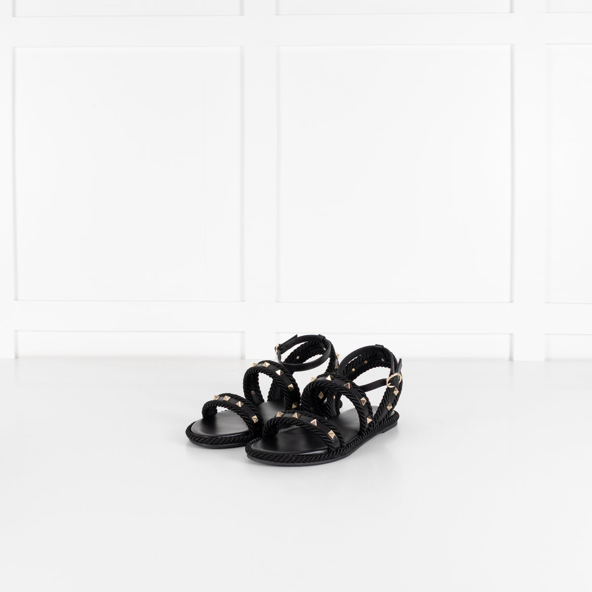 Valentino Garavani Black Rockstud Torchon Leather Sandals
