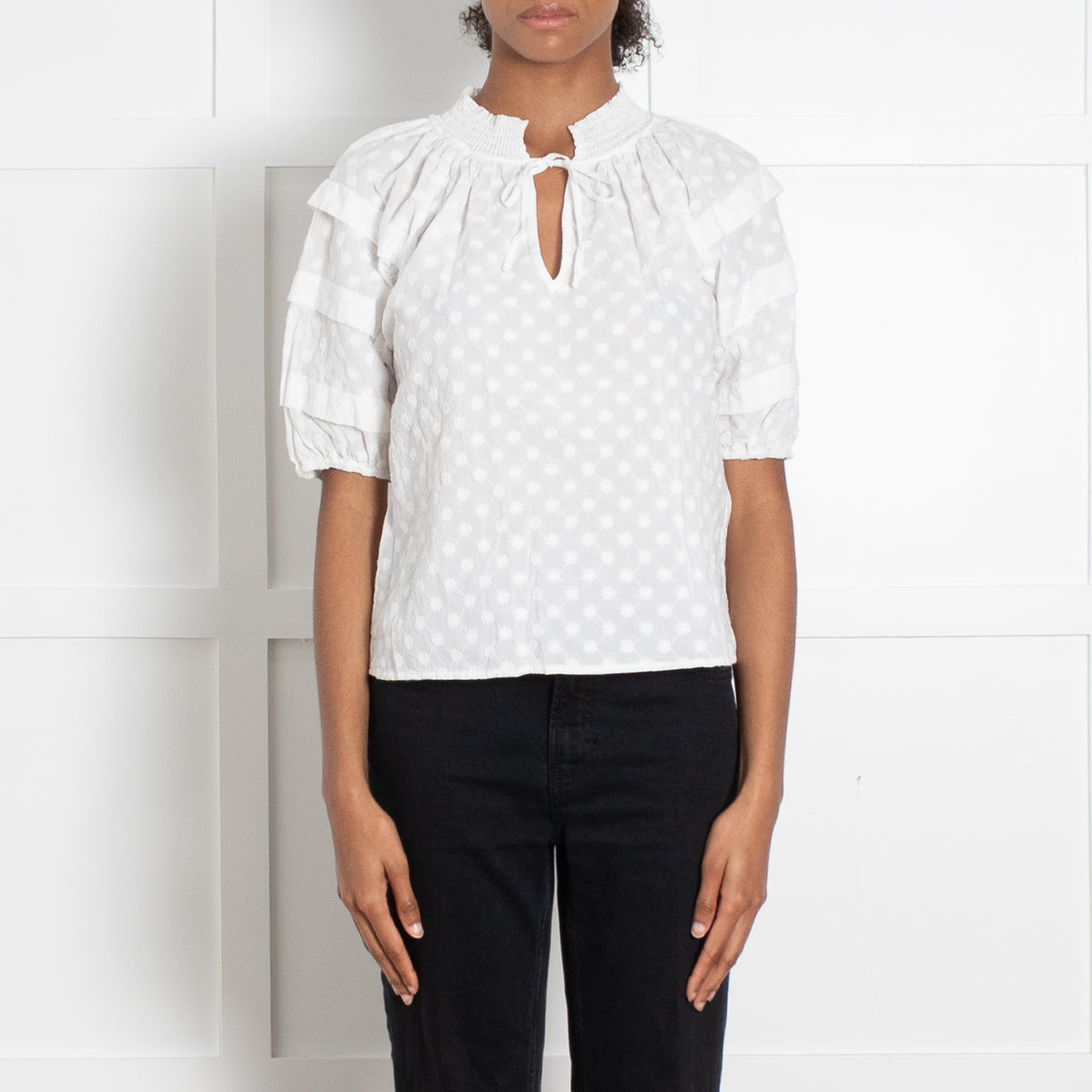 Rails White Broidery Daisy Motif Short Sleeve Blouse