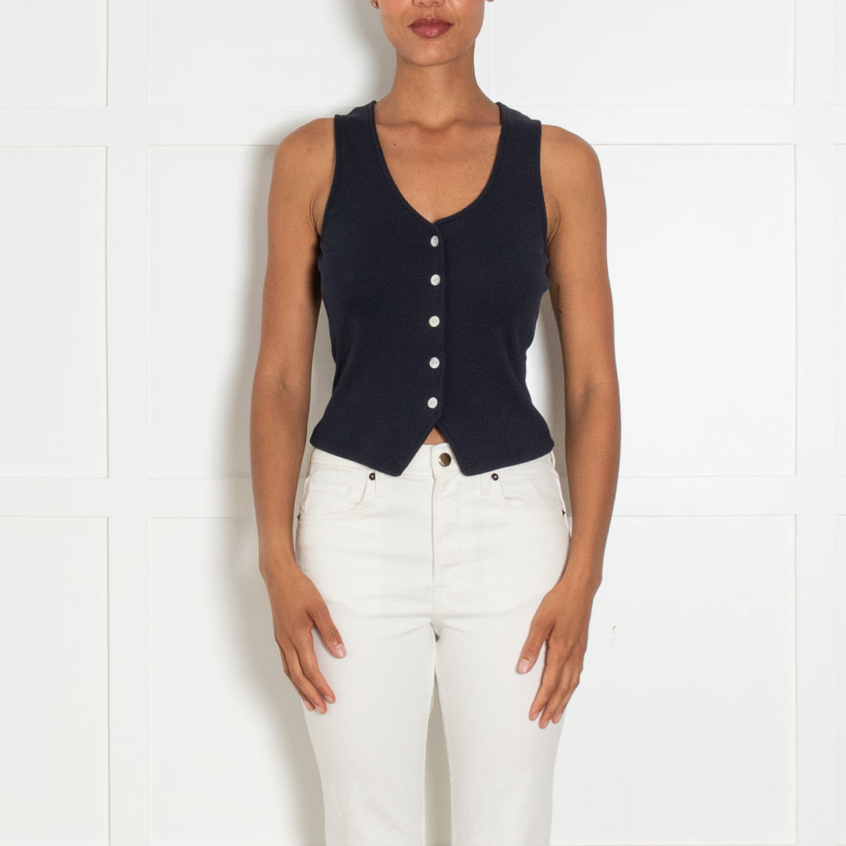 Veronica Beard Navy Sleeveless Tailored Waistcoat Top
