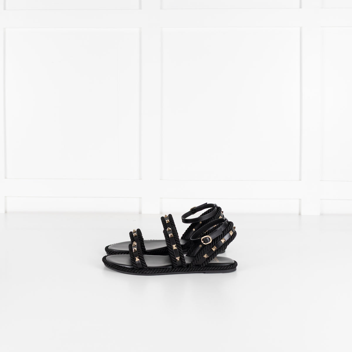 Valentino Garavani Black Rockstud Torchon Leather Sandals
