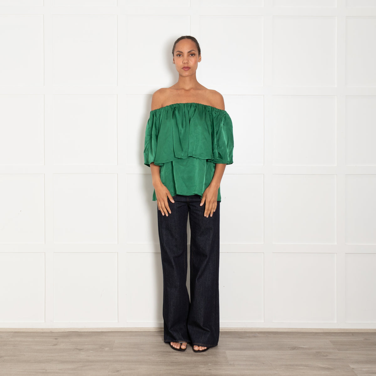 Essentiel Antwerp Green Bardot Ruffle Top