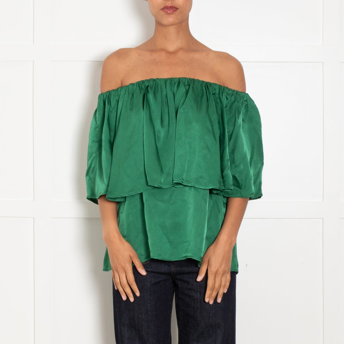 Essentiel Antwerp Green Bardot Ruffle Top