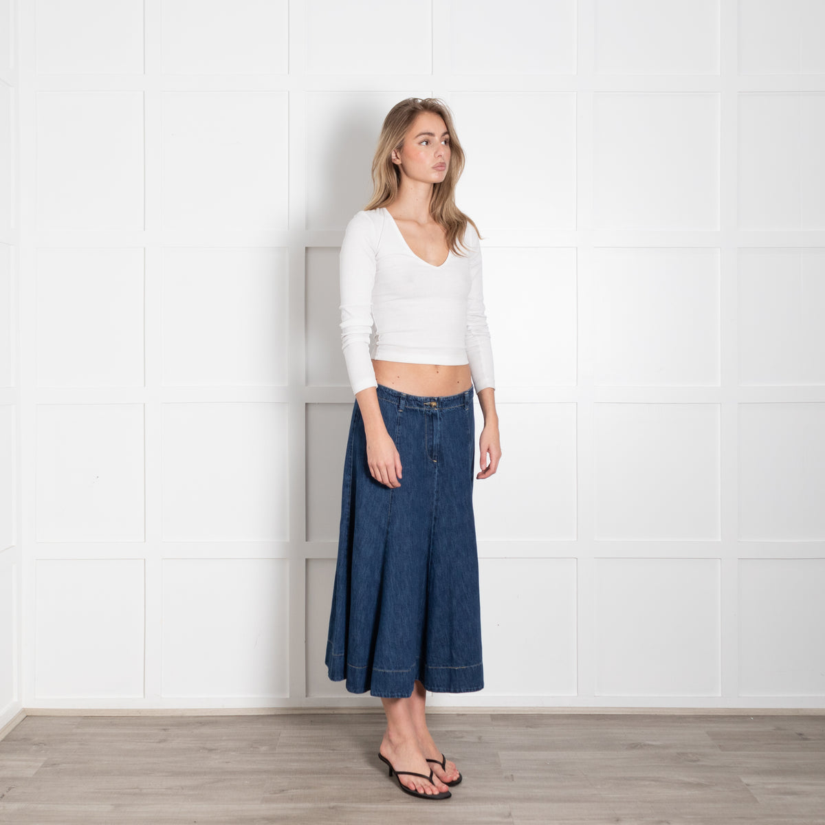 Project AJ 117 Blue Denim A-Line Midi Skirt