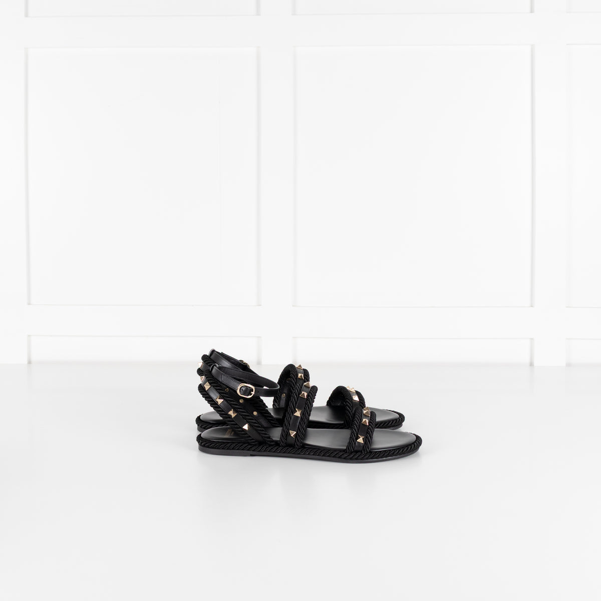 Valentino Garavani Black Rockstud Torchon Leather Sandals