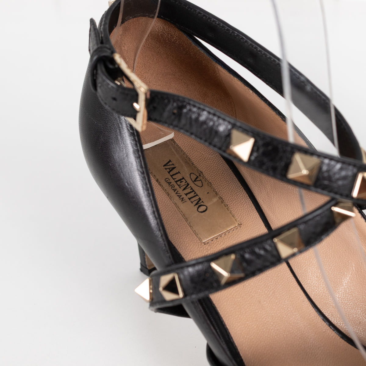 Valentino Black Leather Rockstud Ankle Wrap Heeled Shoes