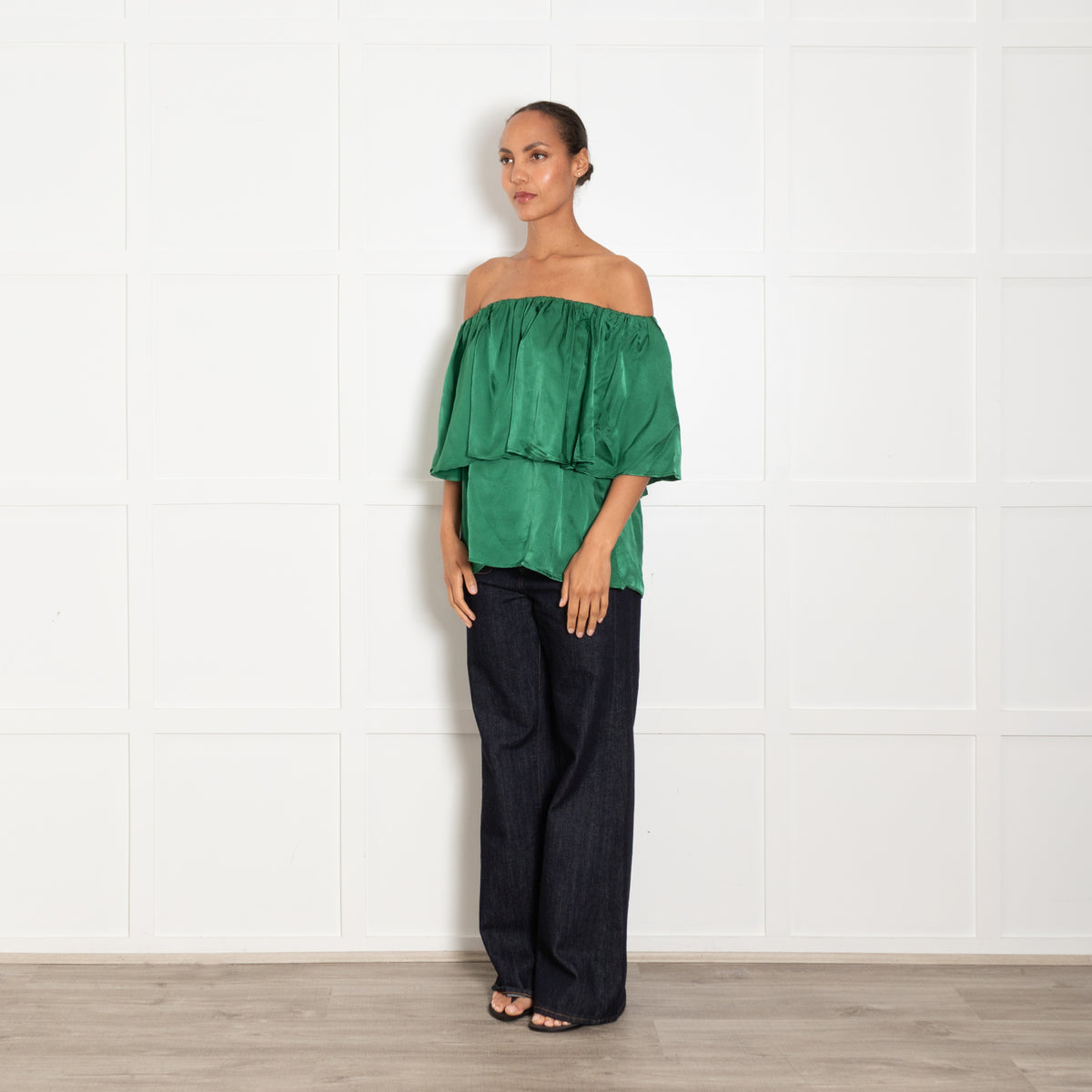 Essentiel Antwerp Green Bardot Ruffle Top