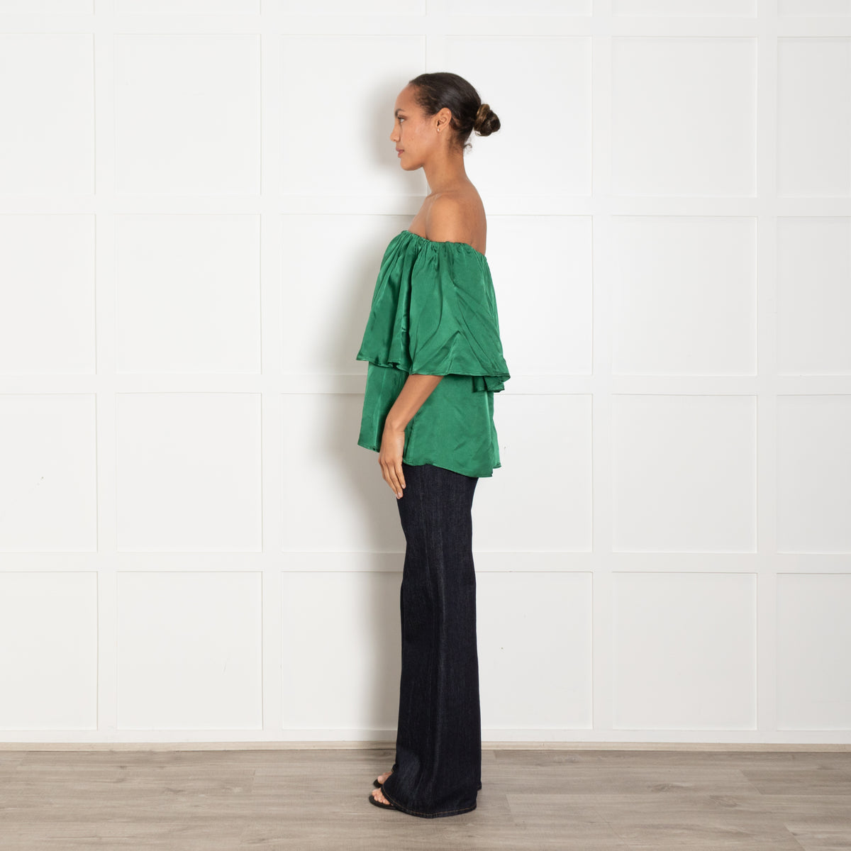 Essentiel Antwerp Green Bardot Ruffle Top