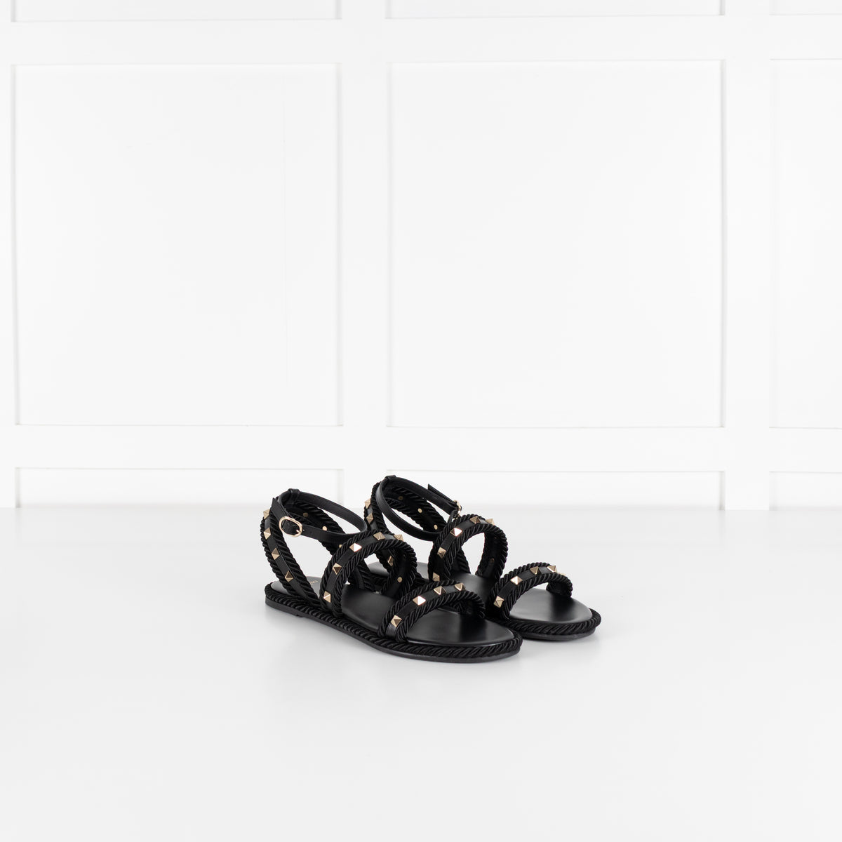 Valentino Garavani Black Rockstud Torchon Leather Sandals