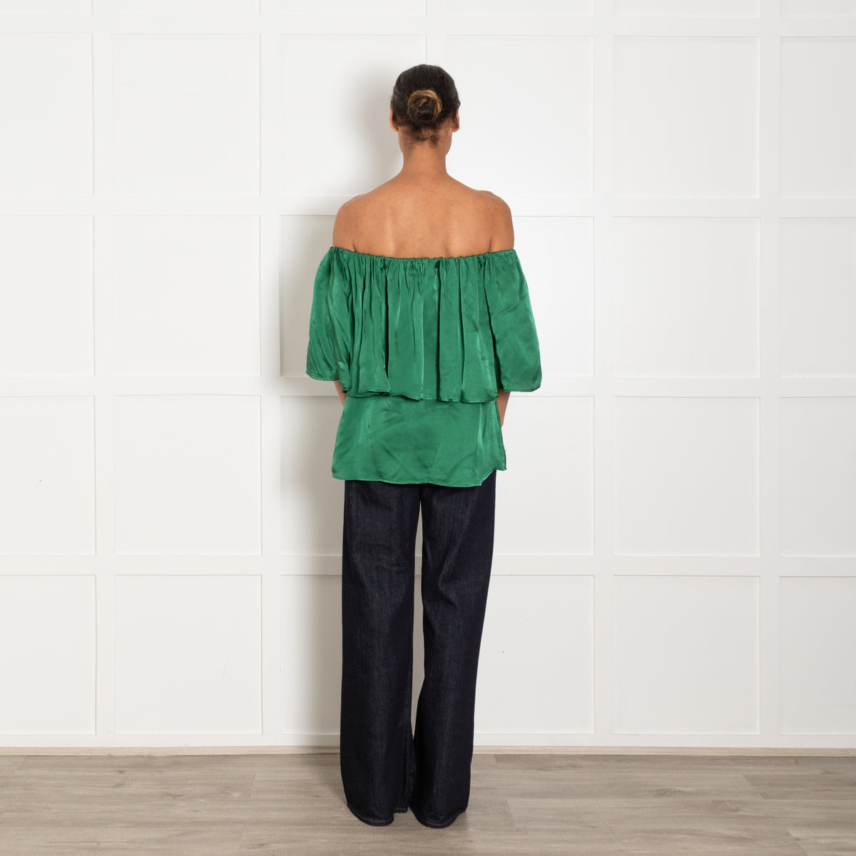Essentiel Antwerp Green Bardot Ruffle Top