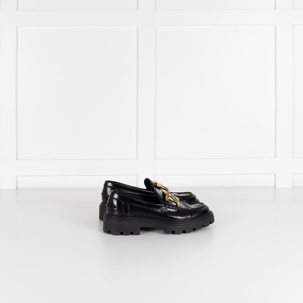 Tod's Black Leather Gold Buckle Gomma Pesante Loafers