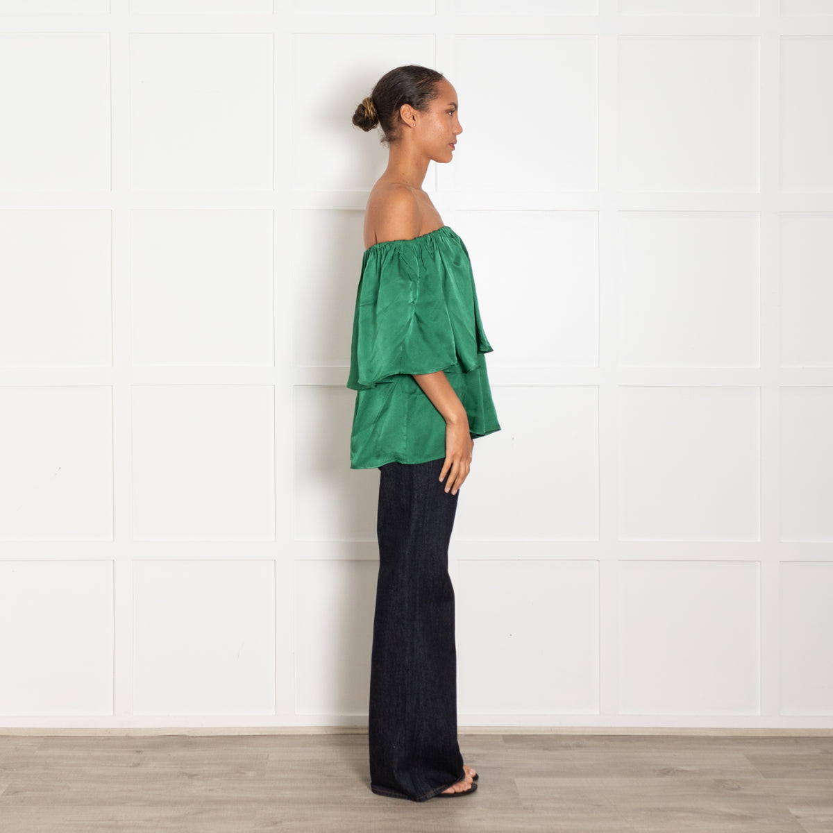 Essentiel Antwerp Green Bardot Ruffle Top