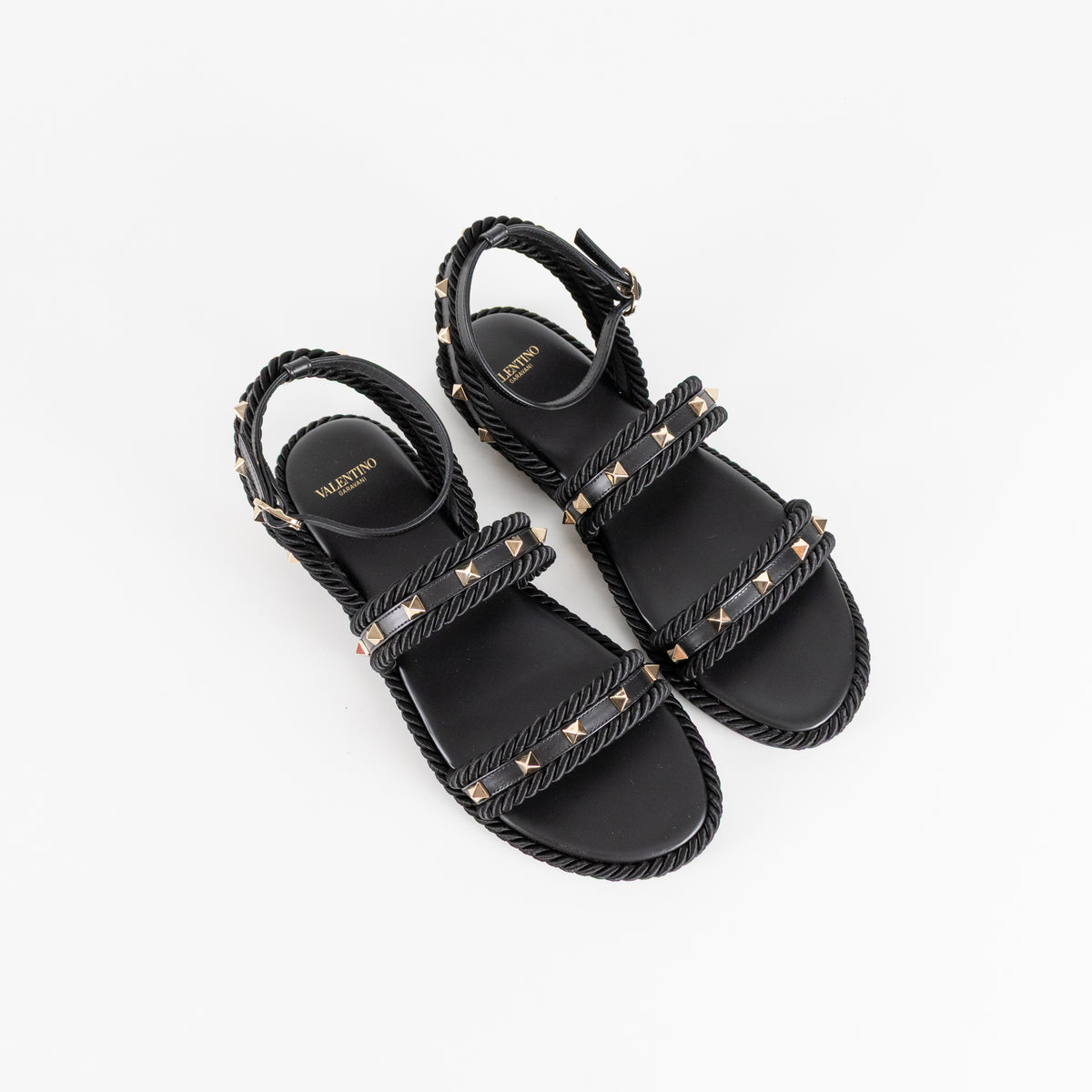 Valentino Garavani Black Rockstud Torchon Leather Sandals