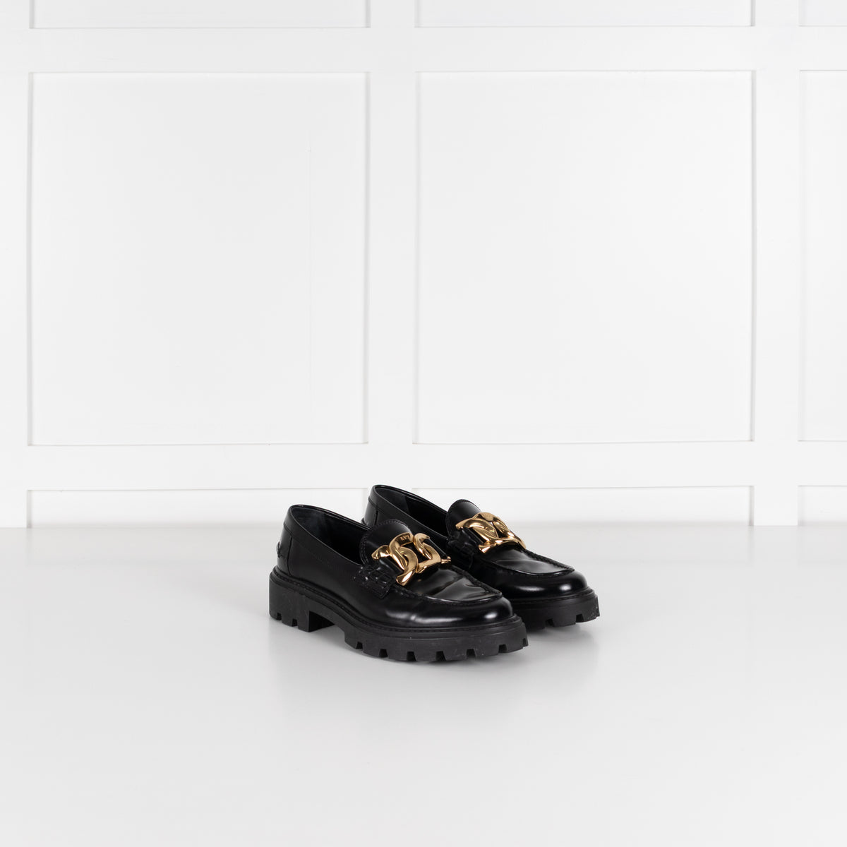 Tod's Black Leather Gold Buckle Gomma Pesante Loafers