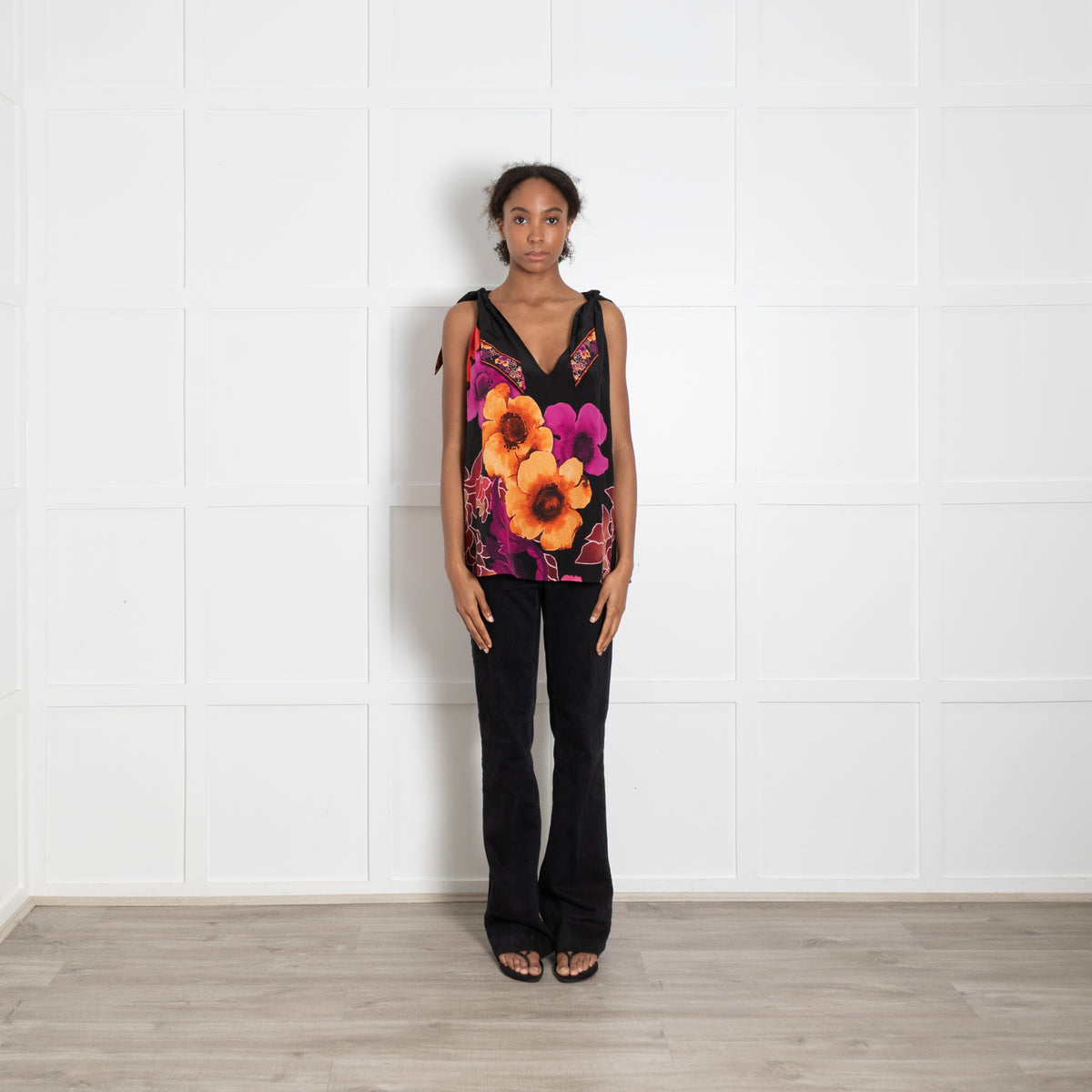 Camilla Black Orange Magenta Flower Beaded Sleeveless Top