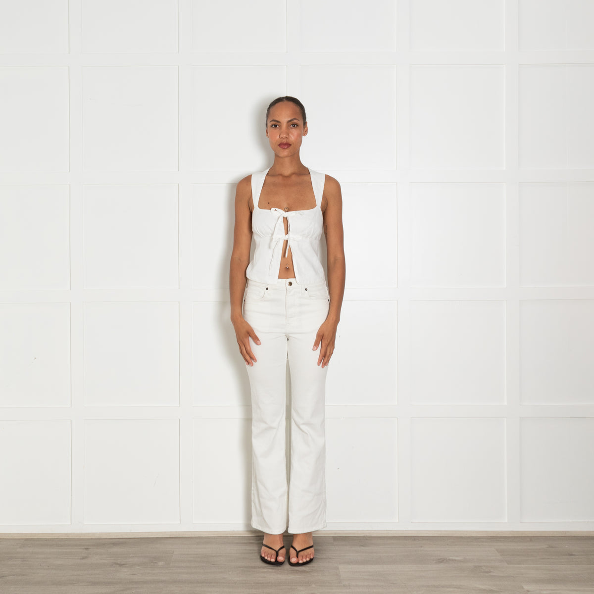 Reformation White Linen Cross Straps Tie Front Top
