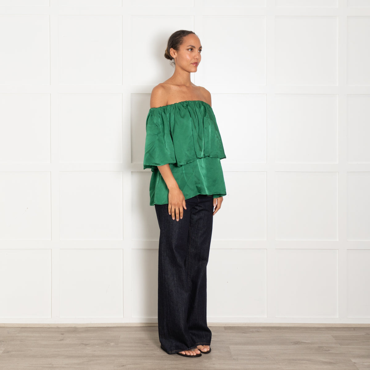 Essentiel Antwerp Green Bardot Ruffle Top