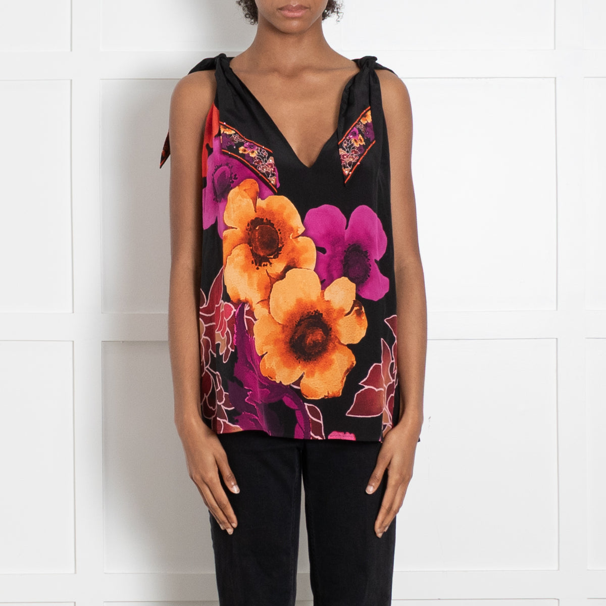 Camilla Black Orange Magenta Flower Beaded Sleeveless Top