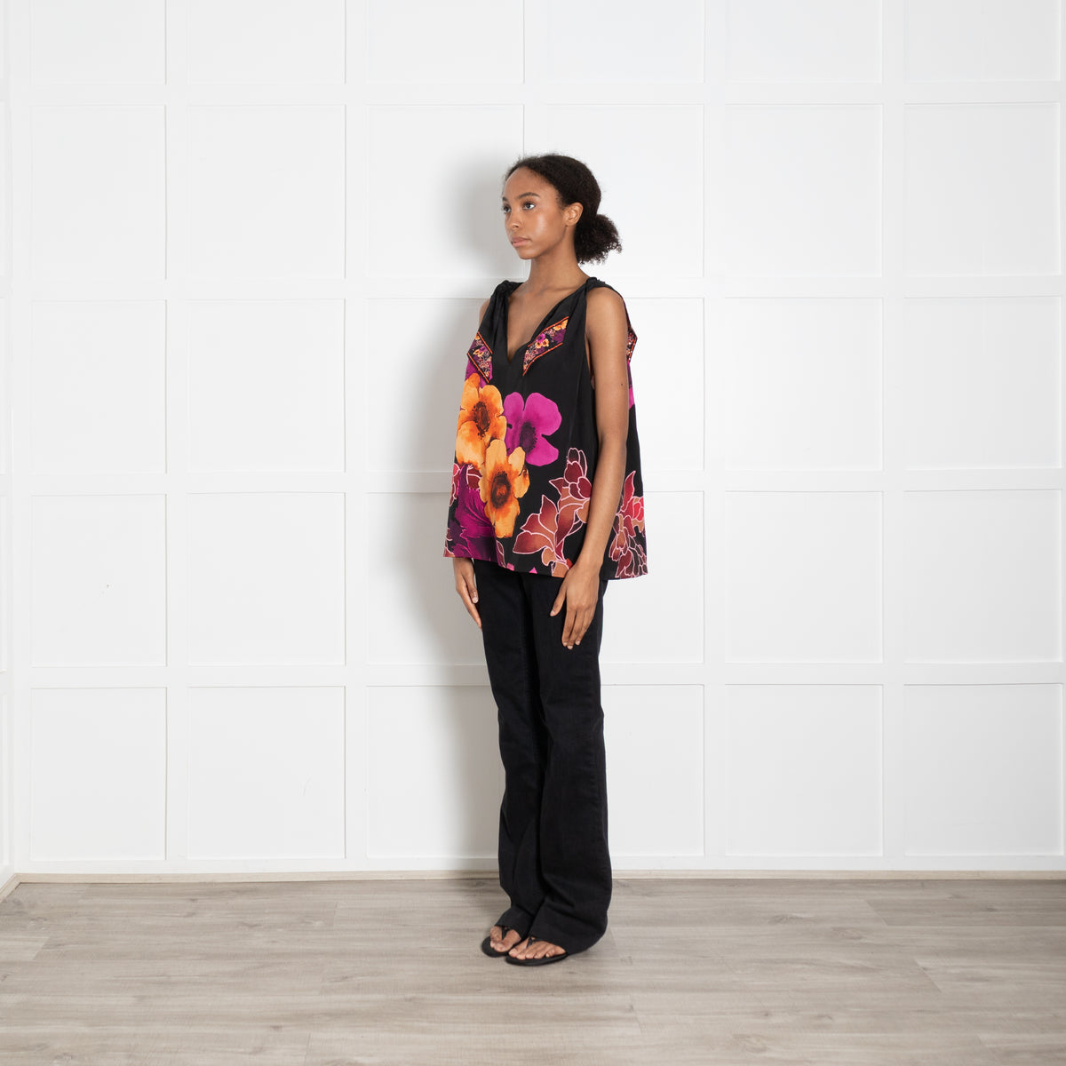 Camilla Black Orange Magenta Flower Beaded Sleeveless Top