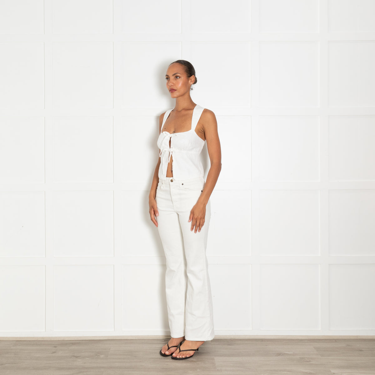Reformation White Linen Cross Straps Tie Front Top