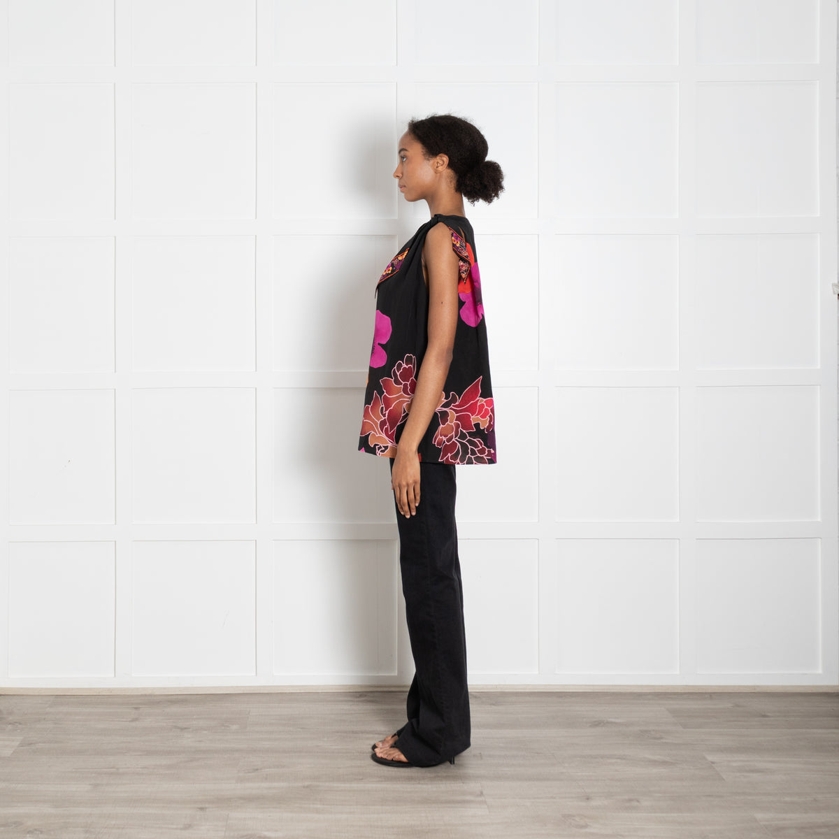 Camilla Black Orange Magenta Flower Beaded Sleeveless Top