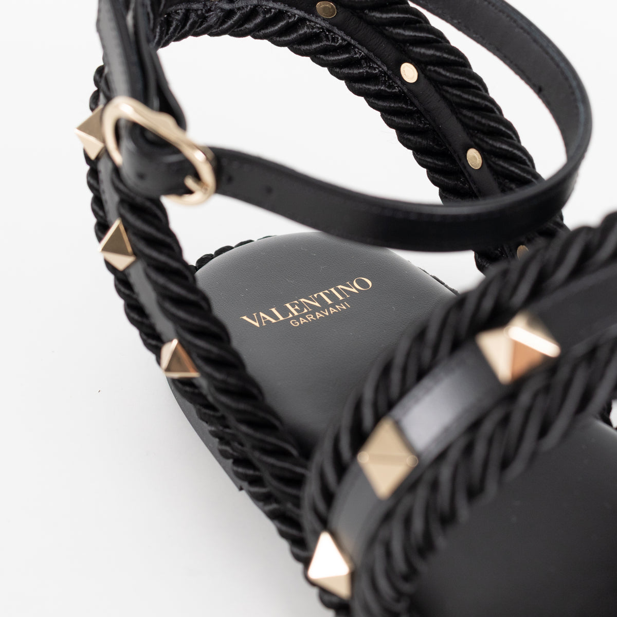Valentino Garavani Black Rockstud Torchon Leather Sandals