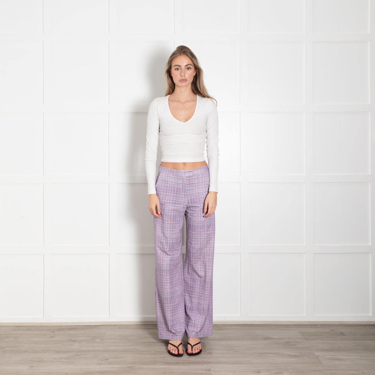 Goodmatch Lilac Check Jersey Flared Trousers