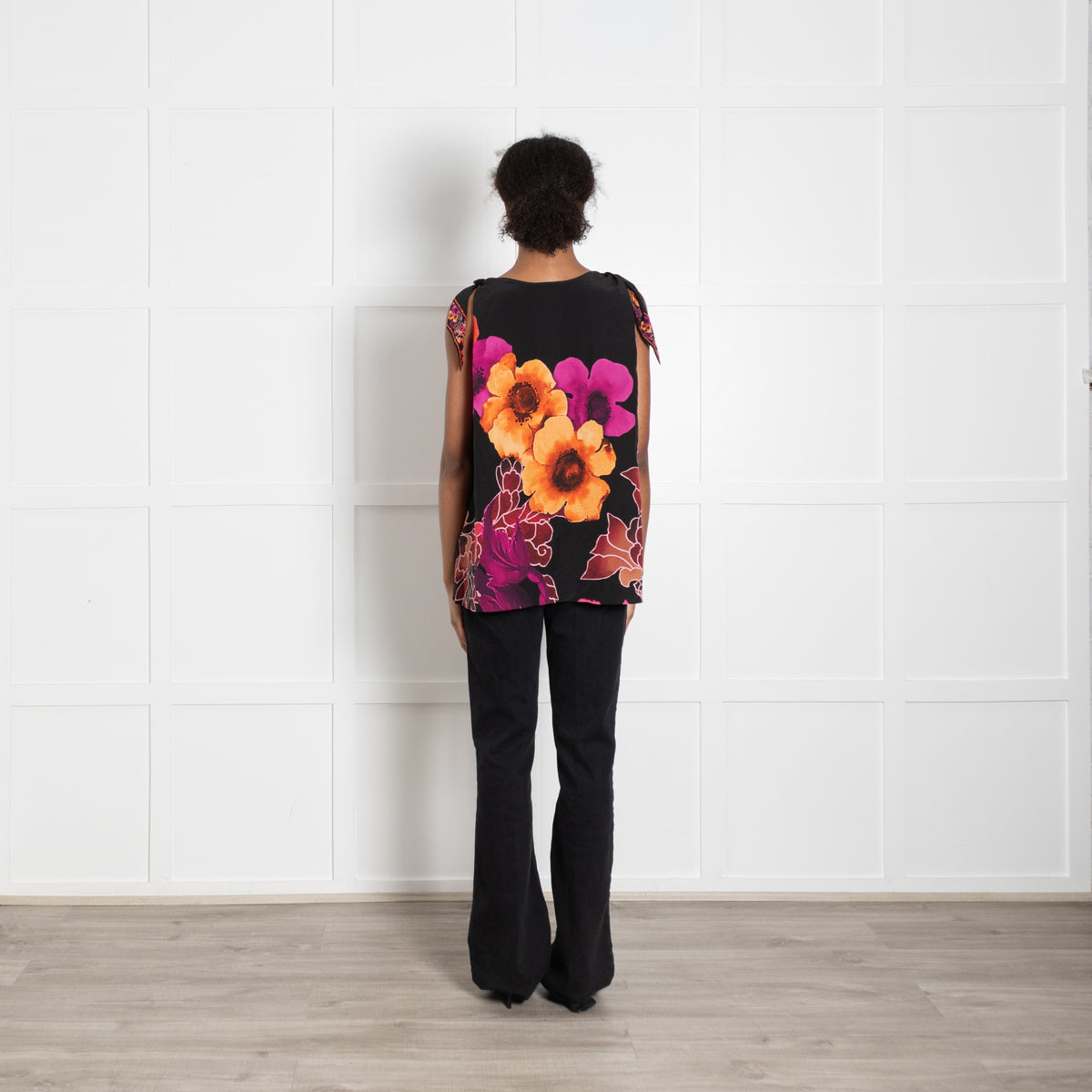 Camilla Black Orange Magenta Flower Beaded Sleeveless Top