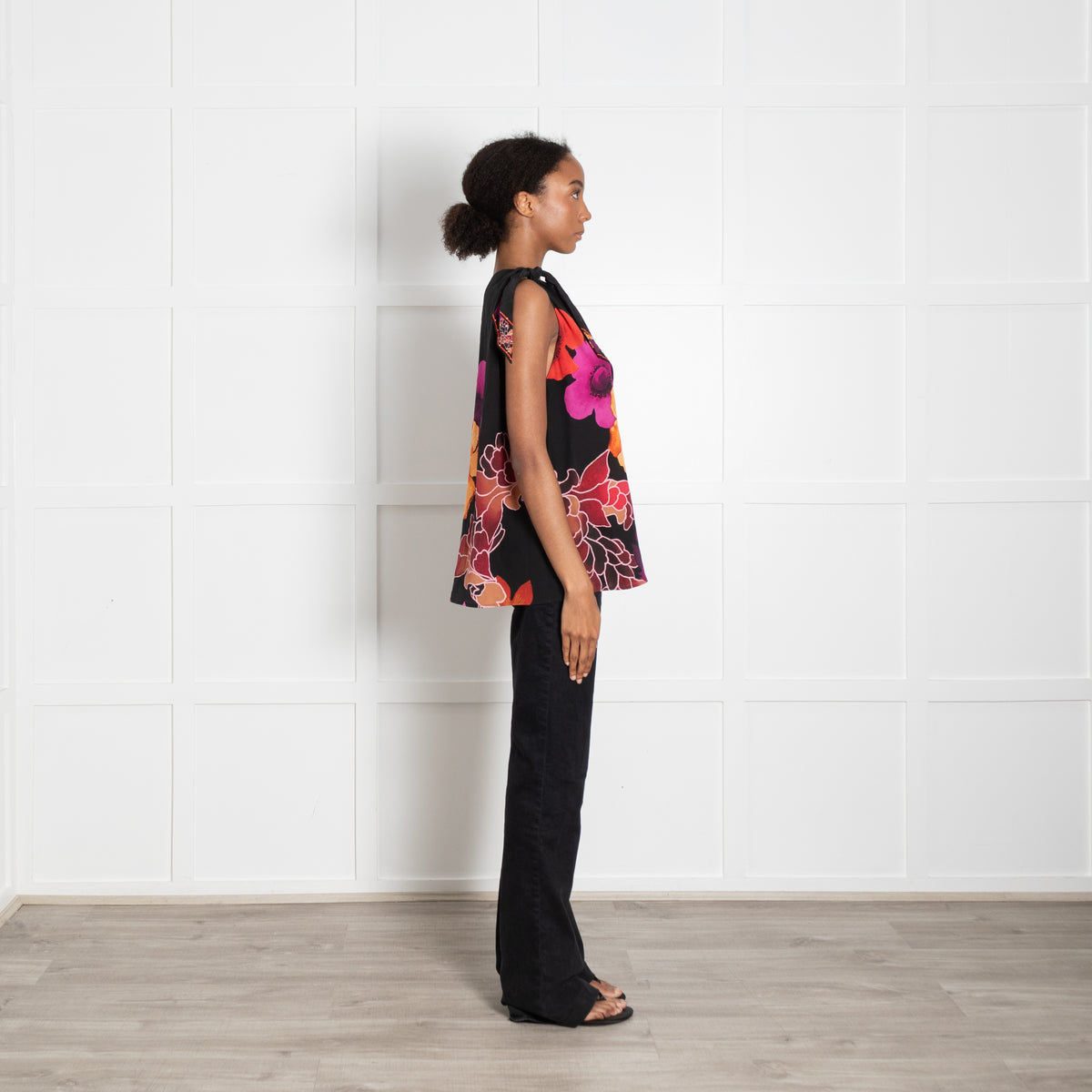 Camilla Black Orange Magenta Flower Beaded Sleeveless Top