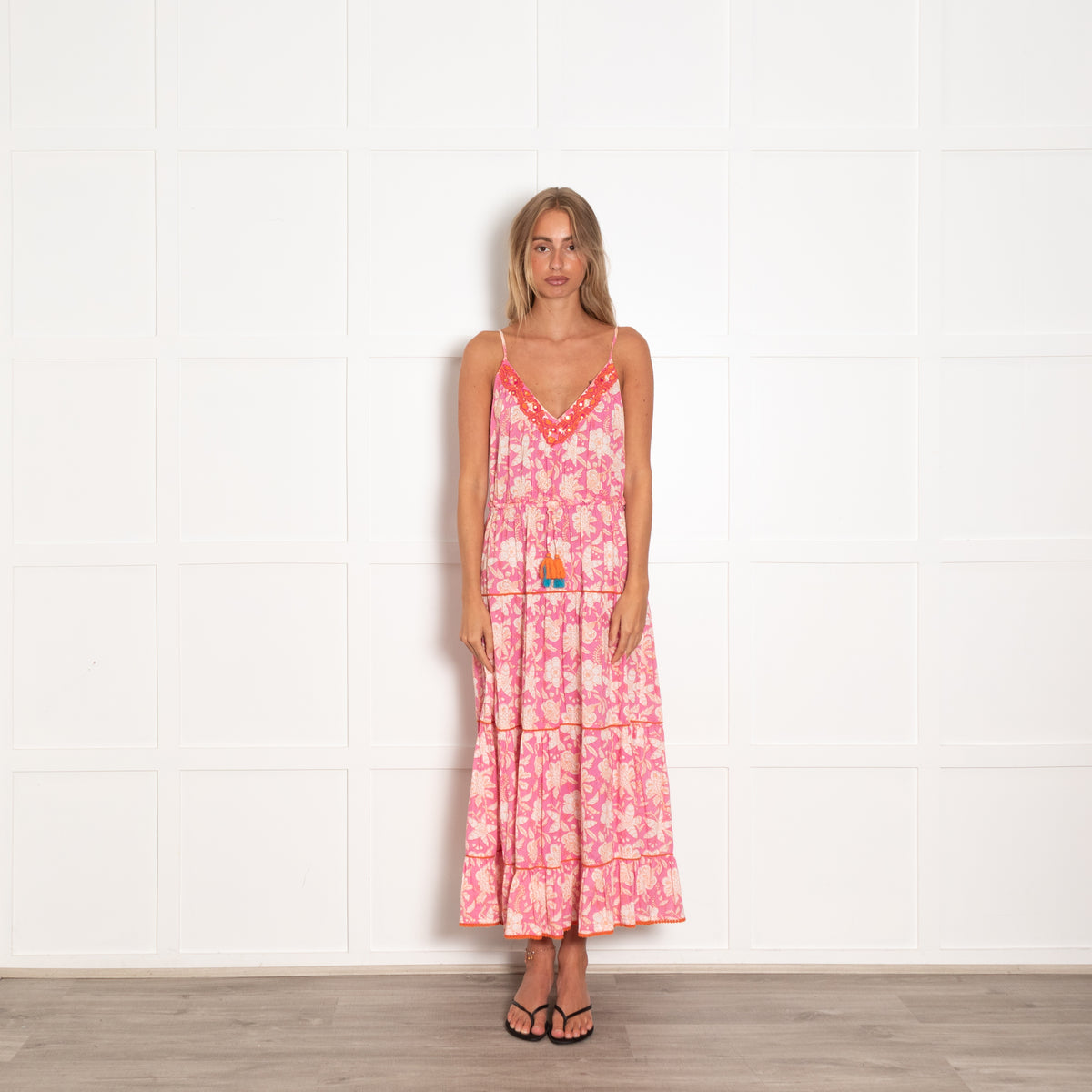 Place Du Soleil Pink Floral Block Print Maxi Dress with Spaghetti Straps