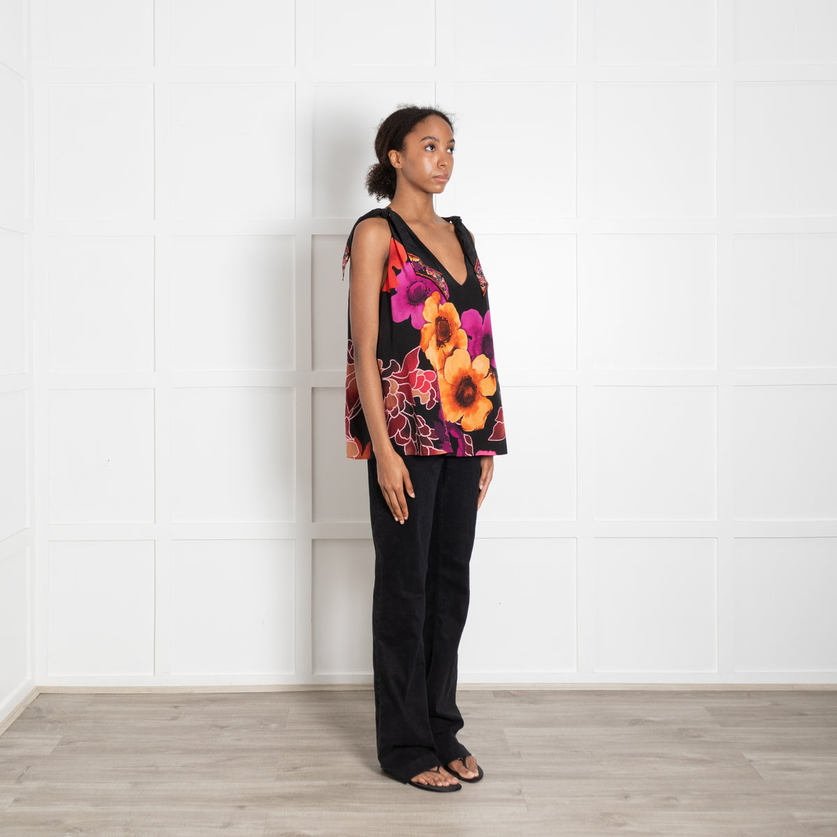 Camilla Black Orange Magenta Flower Beaded Sleeveless Top