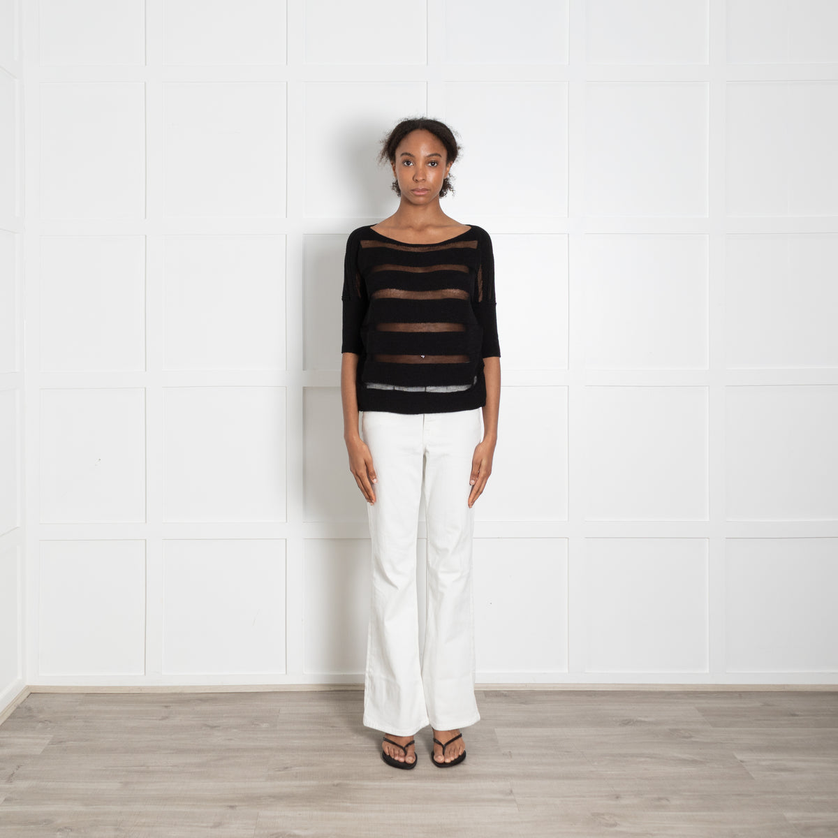 Sarah Pacini Black Stripe Knit Short Sleeve Top
