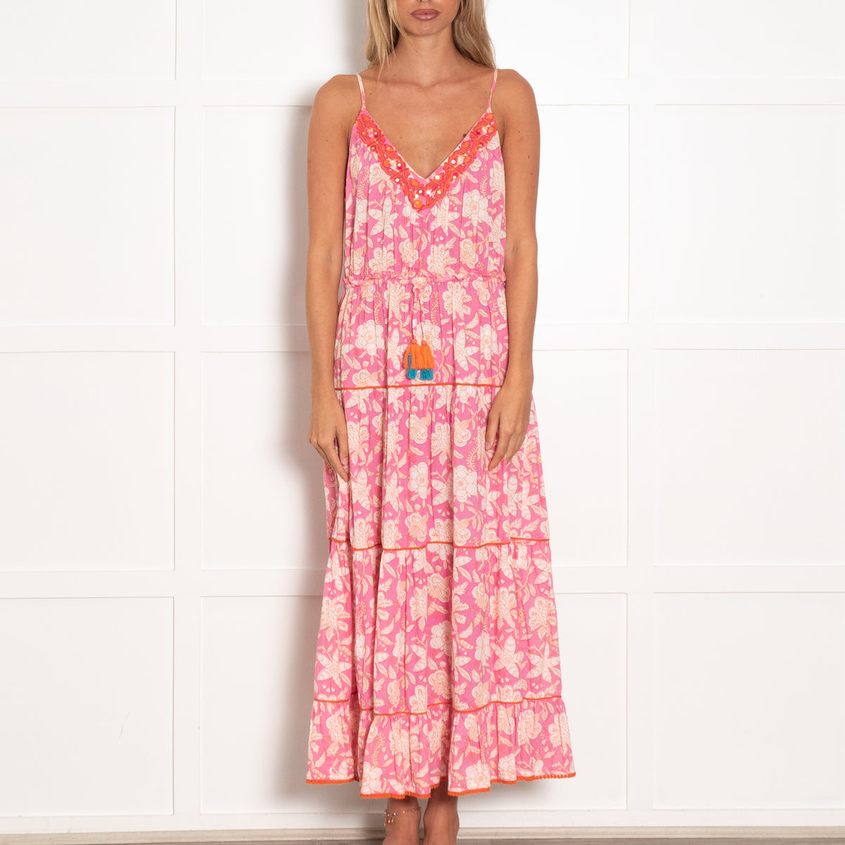 Place Du Soleil Pink Floral Block Print Maxi Dress with Spaghetti Straps