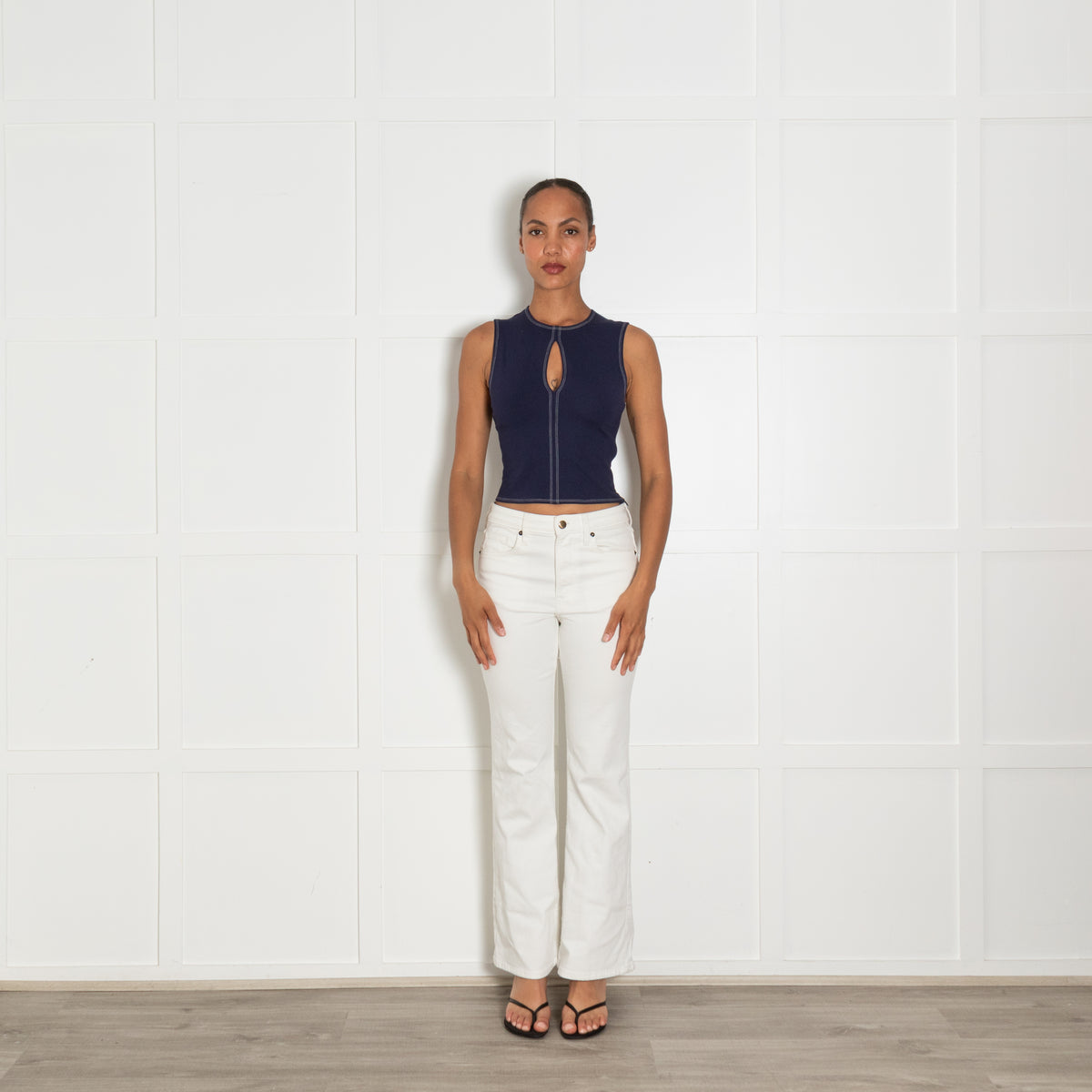 Reformation Navy Tank Top With White Contrast Stitching