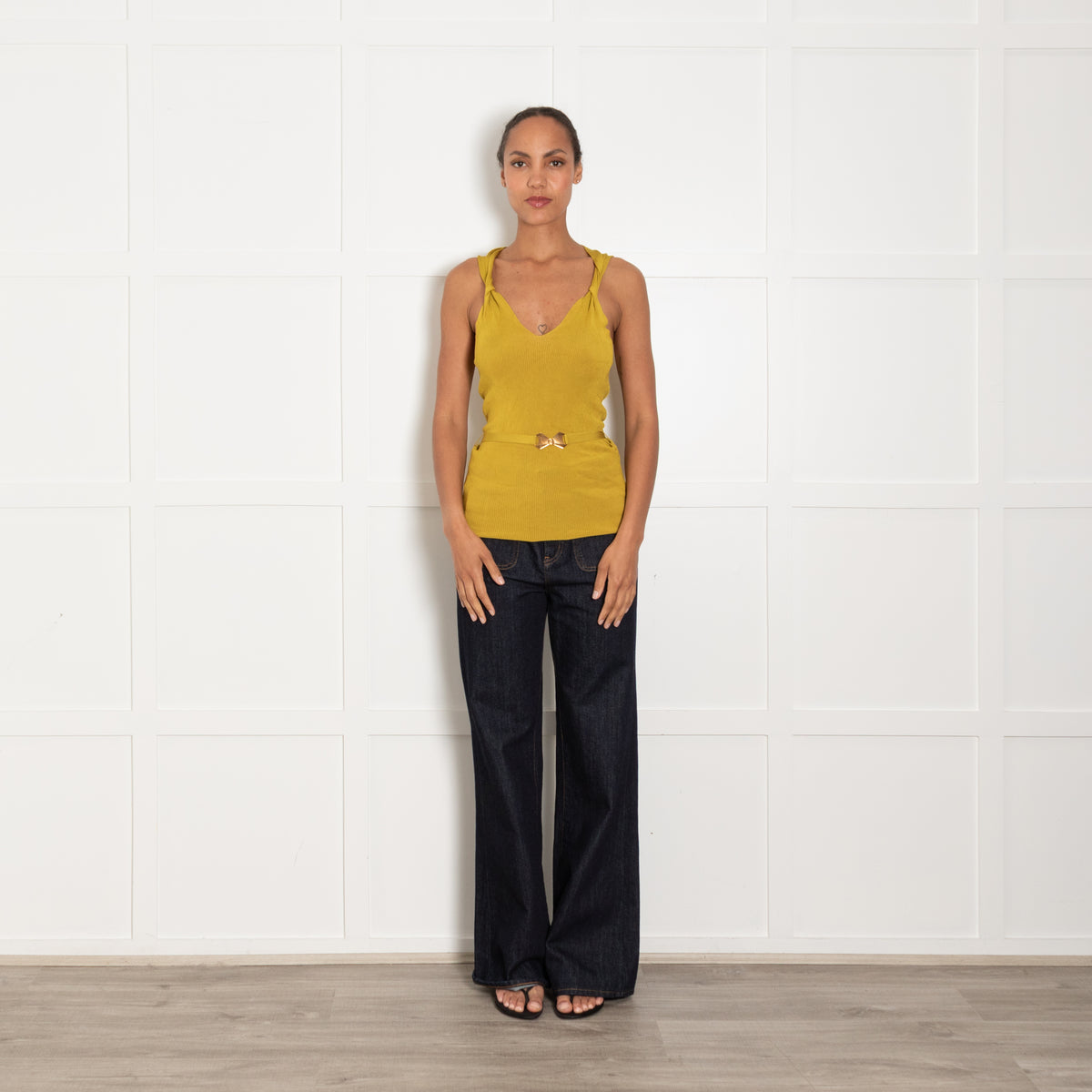 Gucci Mustard Ribbed Sleeveless Knot Detail Belted Top
