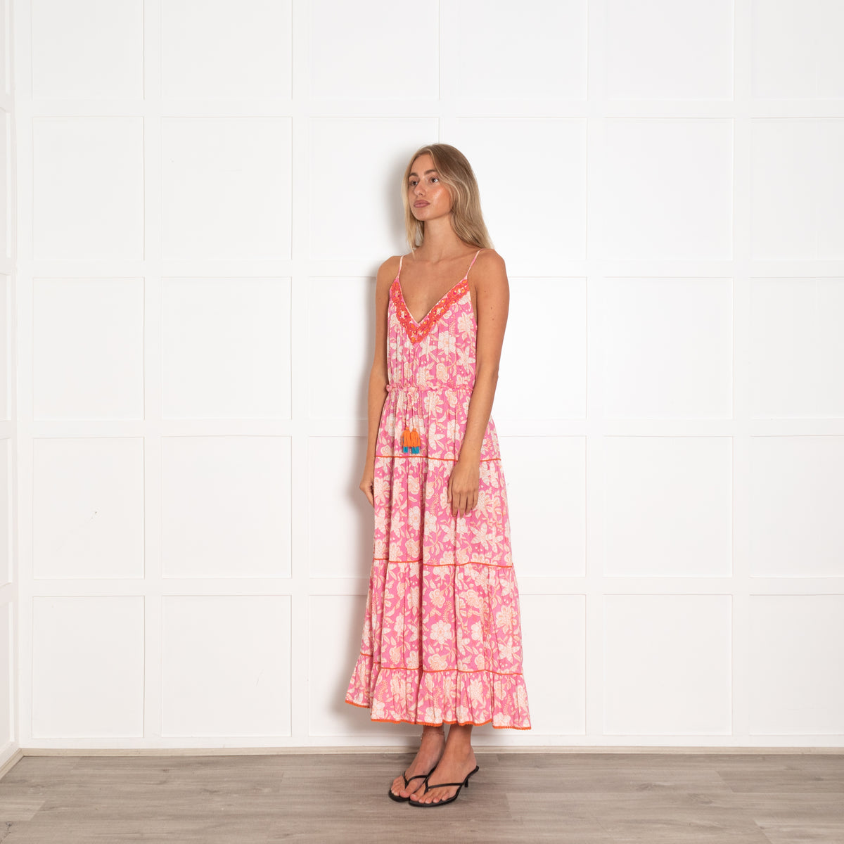 Place Du Soleil Pink Floral Block Print Maxi Dress with Spaghetti Straps