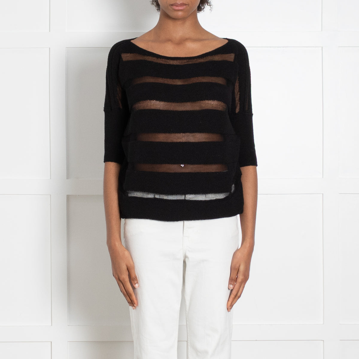Sarah Pacini Black Stripe Knit Short Sleeve Top