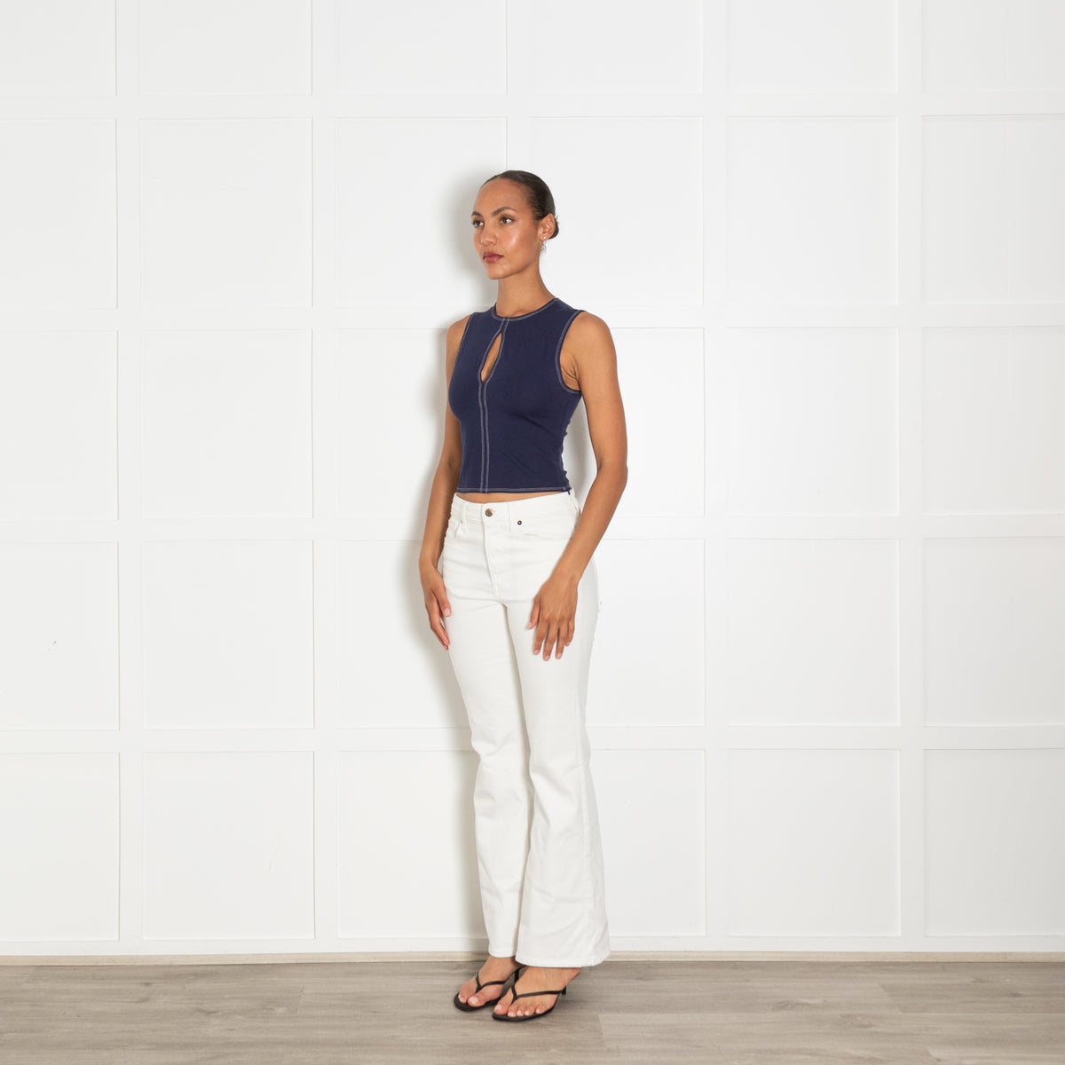 Reformation Navy Tank Top With White Contrast Stitching