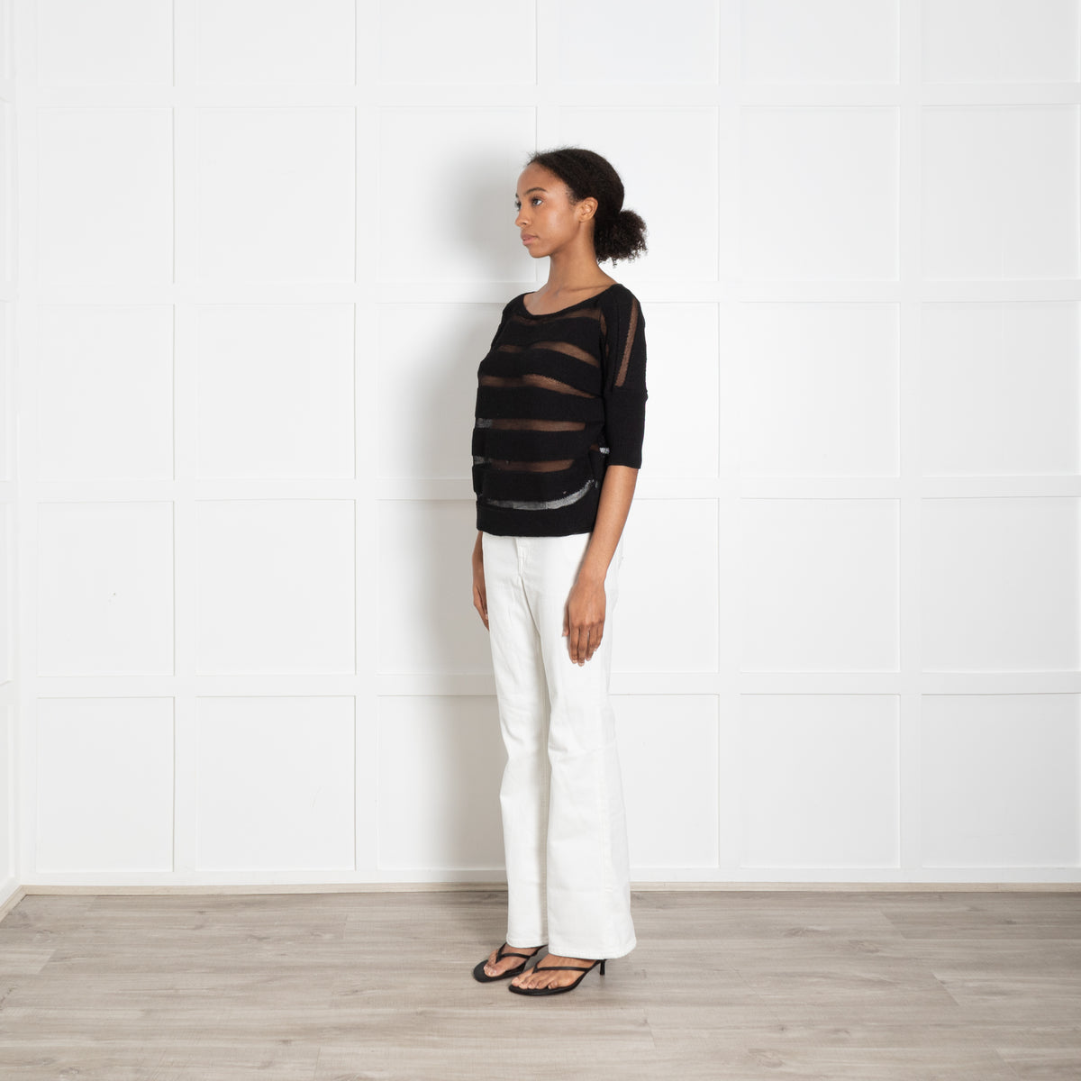 Sarah Pacini Black Stripe Knit Short Sleeve Top