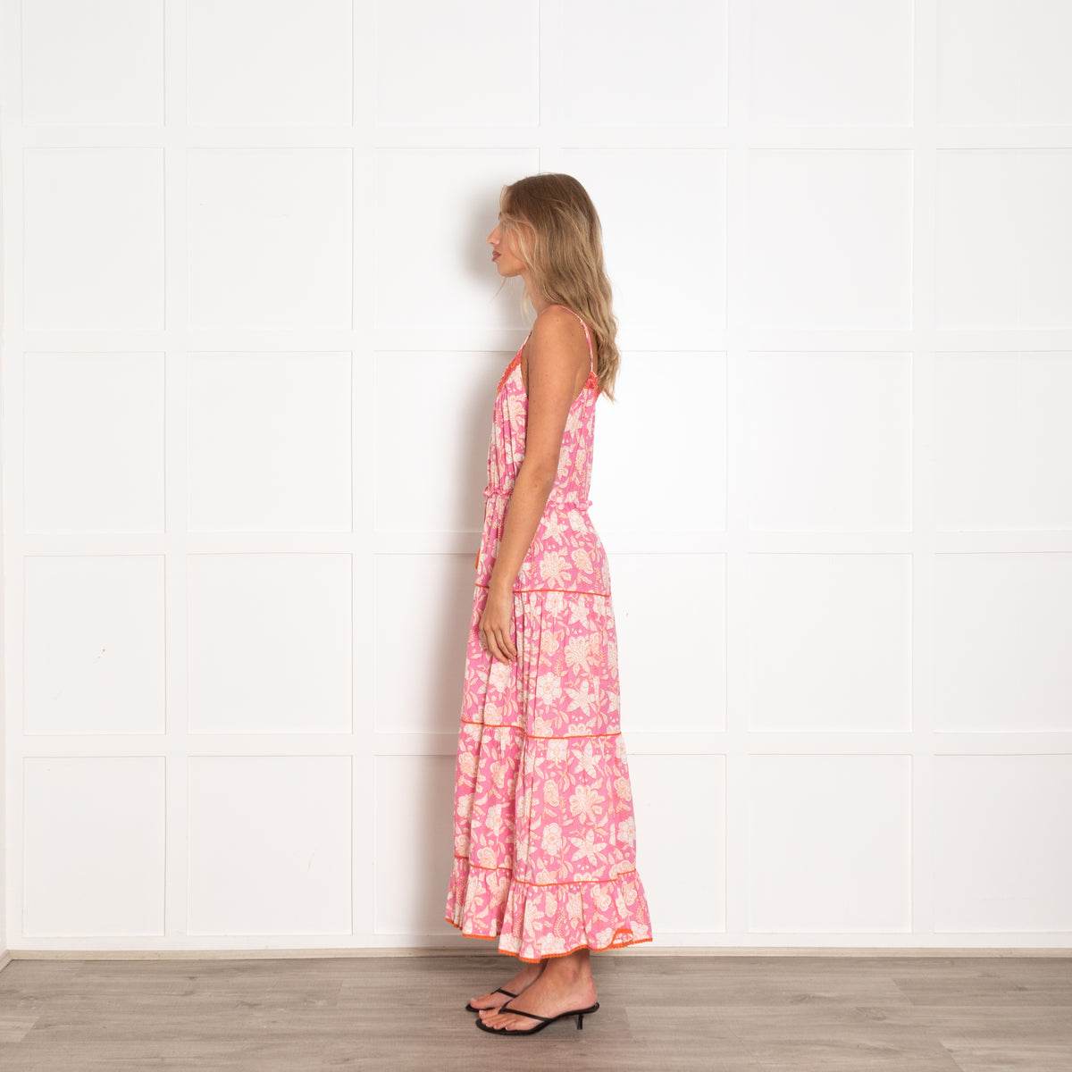 Place Du Soleil Pink Floral Block Print Maxi Dress with Spaghetti Straps