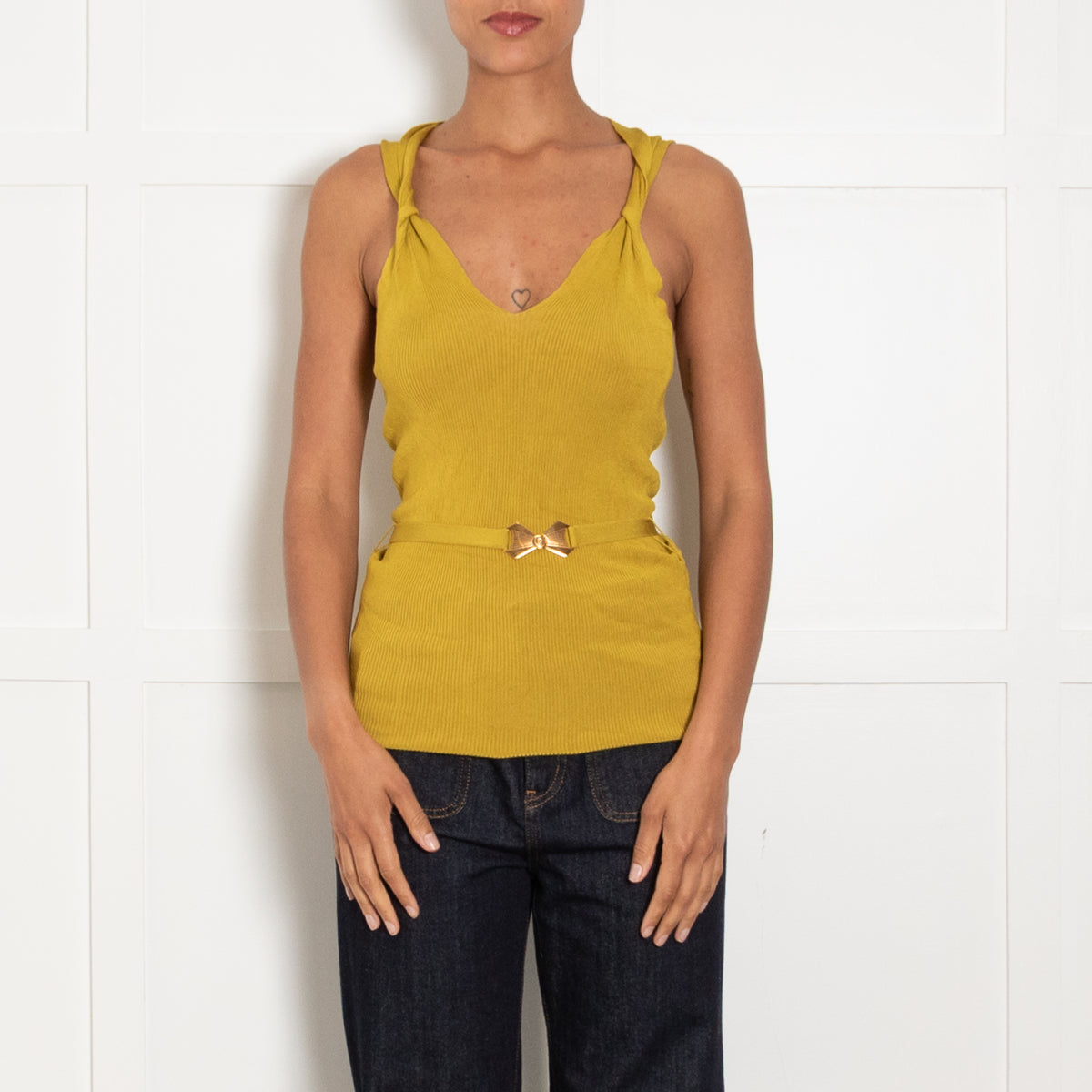 Gucci Mustard Ribbed Sleeveless Knot Detail Belted Top