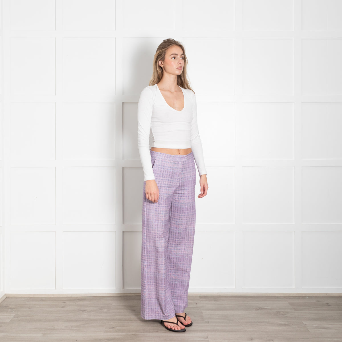 Goodmatch Lilac Check Jersey Flared Trousers