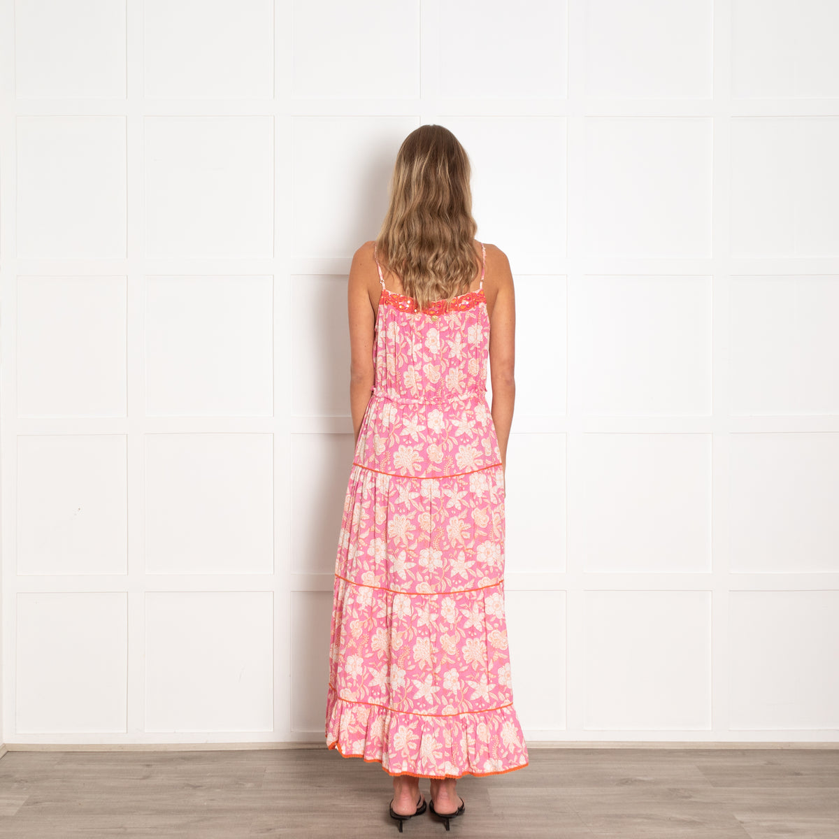 Place Du Soleil Pink Floral Block Print Maxi Dress with Spaghetti Straps