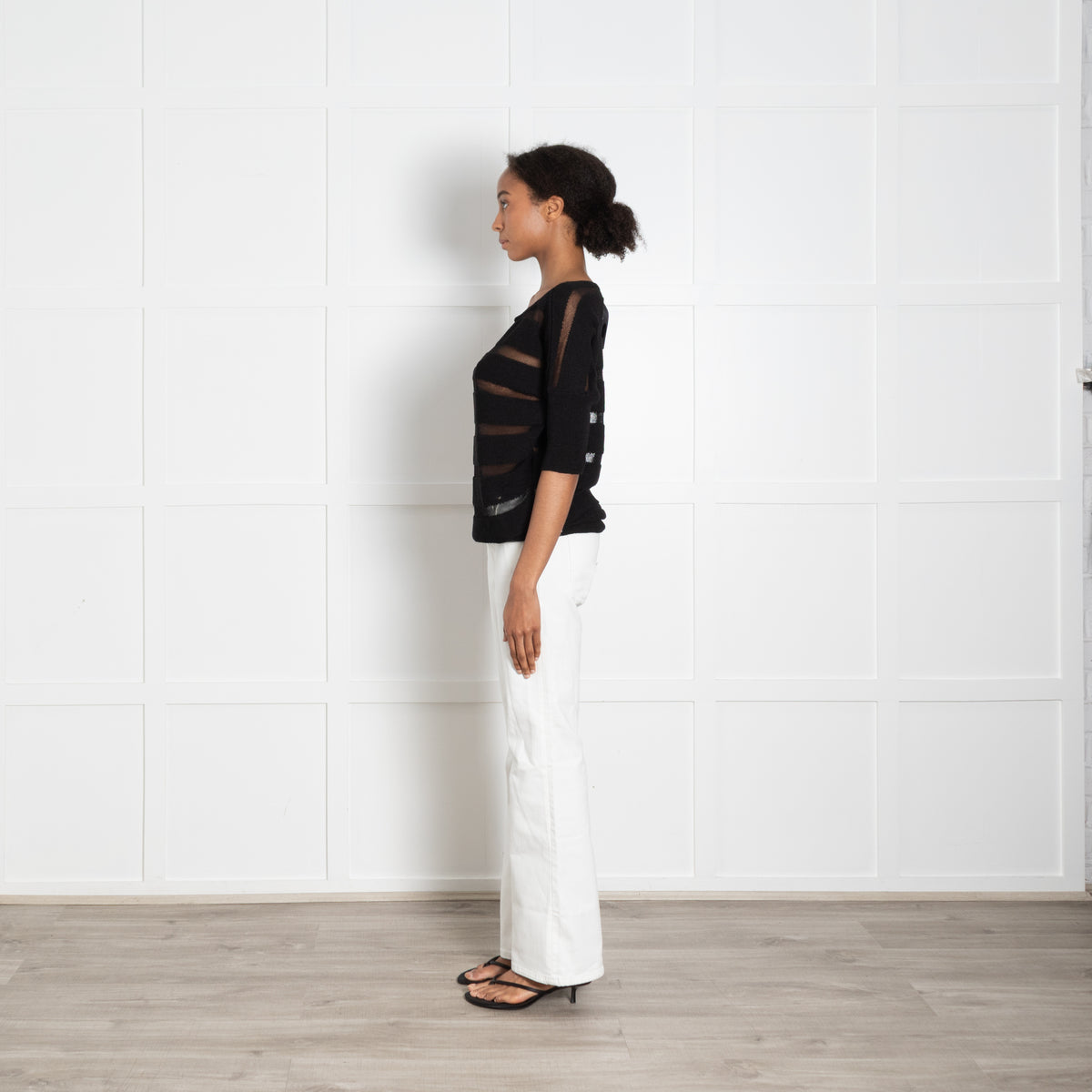 Sarah Pacini Black Stripe Knit Short Sleeve Top