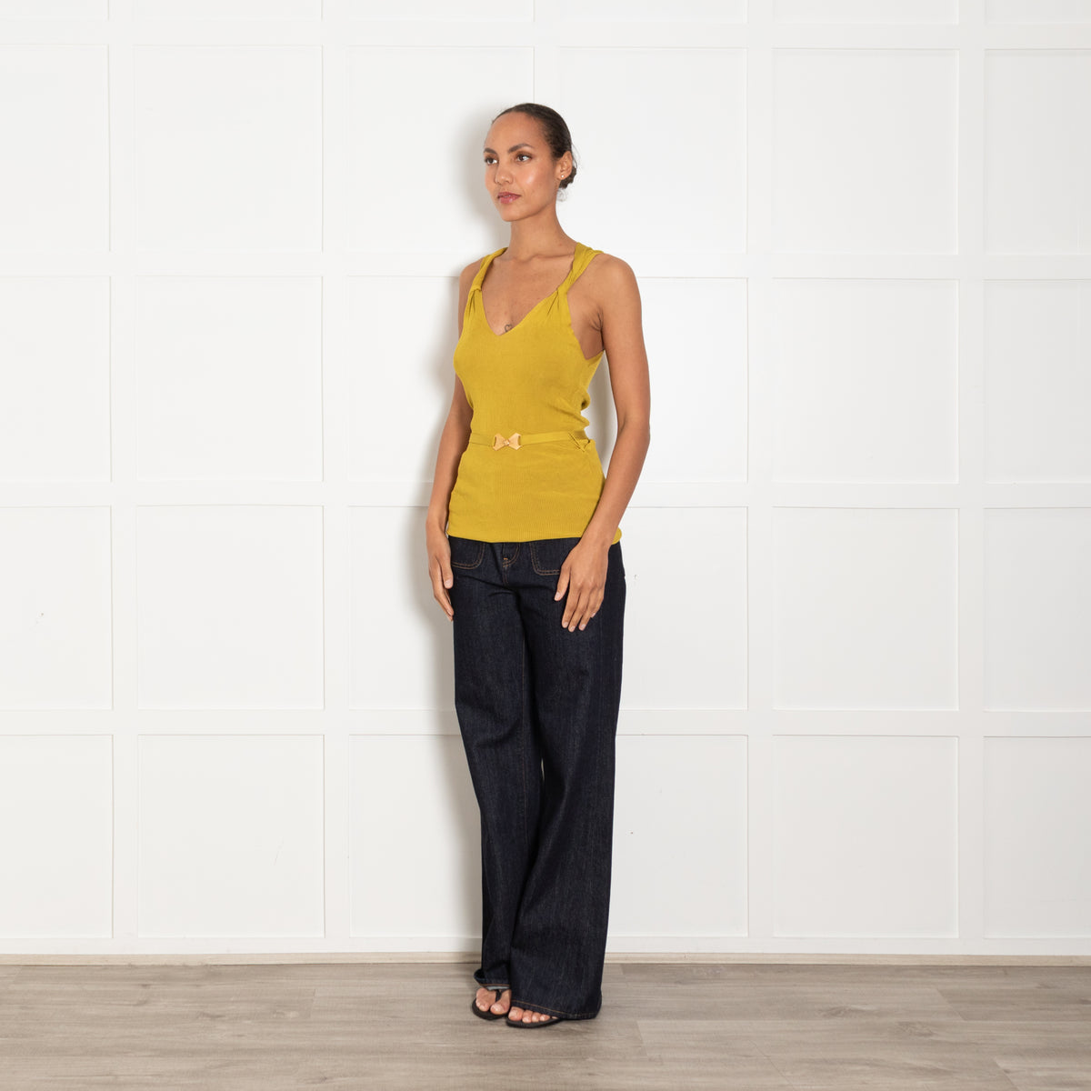Gucci Mustard Ribbed Sleeveless Knot Detail Belted Top