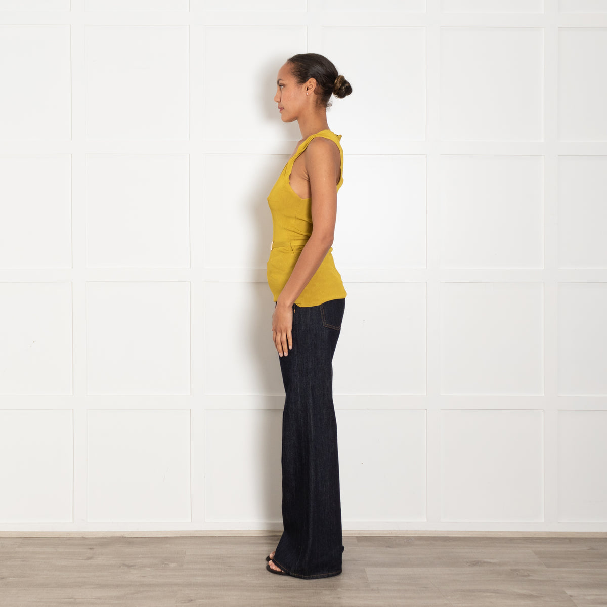 Gucci Mustard Ribbed Sleeveless Knot Detail Belted Top