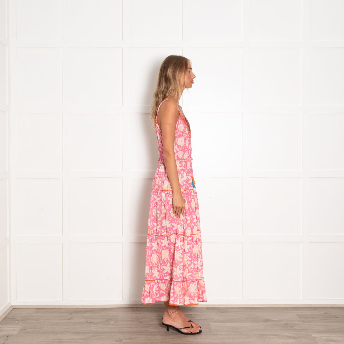 Place Du Soleil Pink Floral Block Print Maxi Dress with Spaghetti Straps