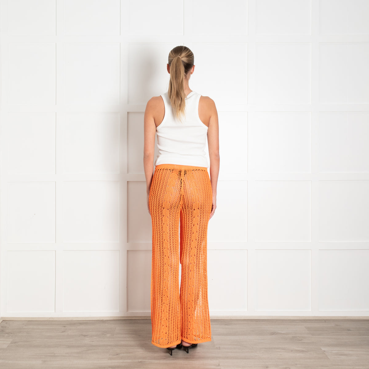 Cult Gaia Orange Crochet Knit Trousers