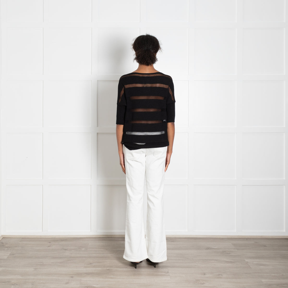 Sarah Pacini Black Stripe Knit Short Sleeve Top