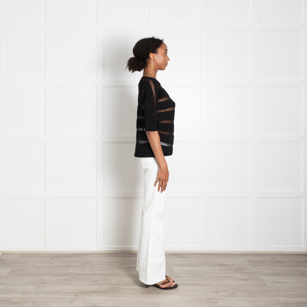 Sarah Pacini Black Stripe Knit Short Sleeve Top